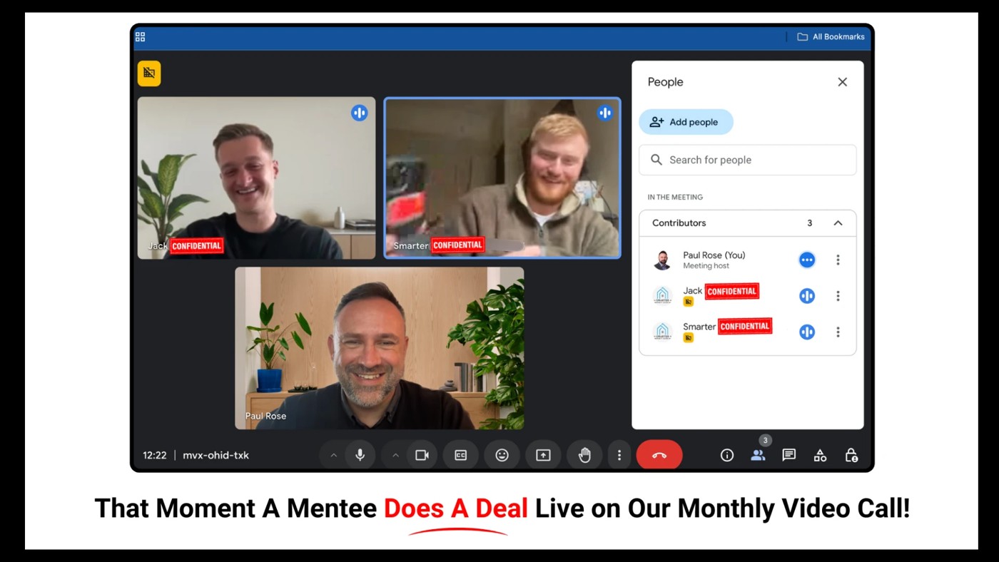 Paul on a video call as a mentee does a deal live, captioned: that moment a mentee does a deal live on our monthly video call